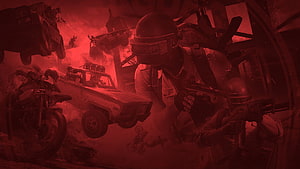 PUBG Red Zone Battle Scene with Soldiers and Vehicles in Intense Combat HD wallpaper