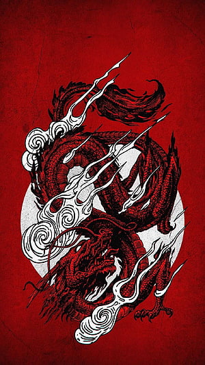 Intricate Red Chinese Dragon Illustration with Swirling White Clouds on Textured Background HD phone wallpaper