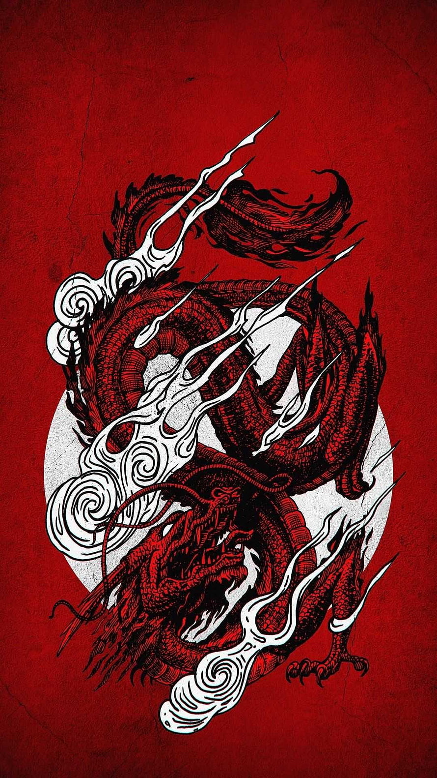 Intricate Red Chinese Dragon Illustration with Swirling White Clouds on Textured Background HD phone wallpaper