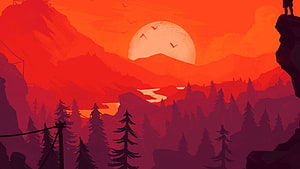 Silhouette of a lone figure standing on a cliff edge overlooking a vast pine forest and winding river at sunset, digital art HD wallpaper