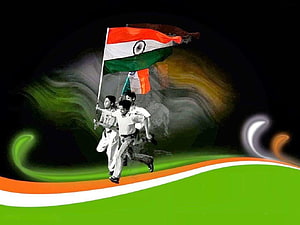 Indian National Flag with Running Soldiers and Tricolor Wave Design HD wallpaper