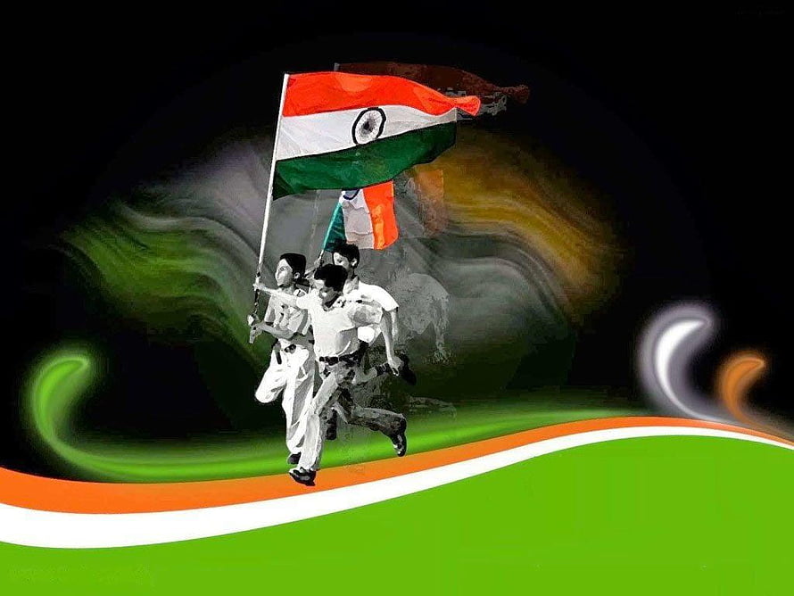 Indian National Flag with Running Soldiers and Tricolor Wave Design HD wallpaper