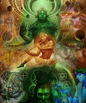 Cosmic Hindu Deities Artwork Featuring Krishna Playing Flute, Vishnu, Shiva, and Ganesha in Mystical Green and Gold HD phone wallpaper
