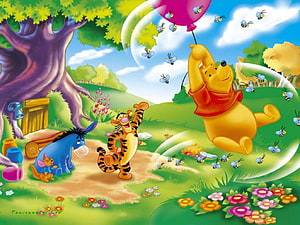 Winnie the Pooh, Tigger, Eeyore, and Piglet in a Colorful Hundred Acre Wood Scene HD wallpaper