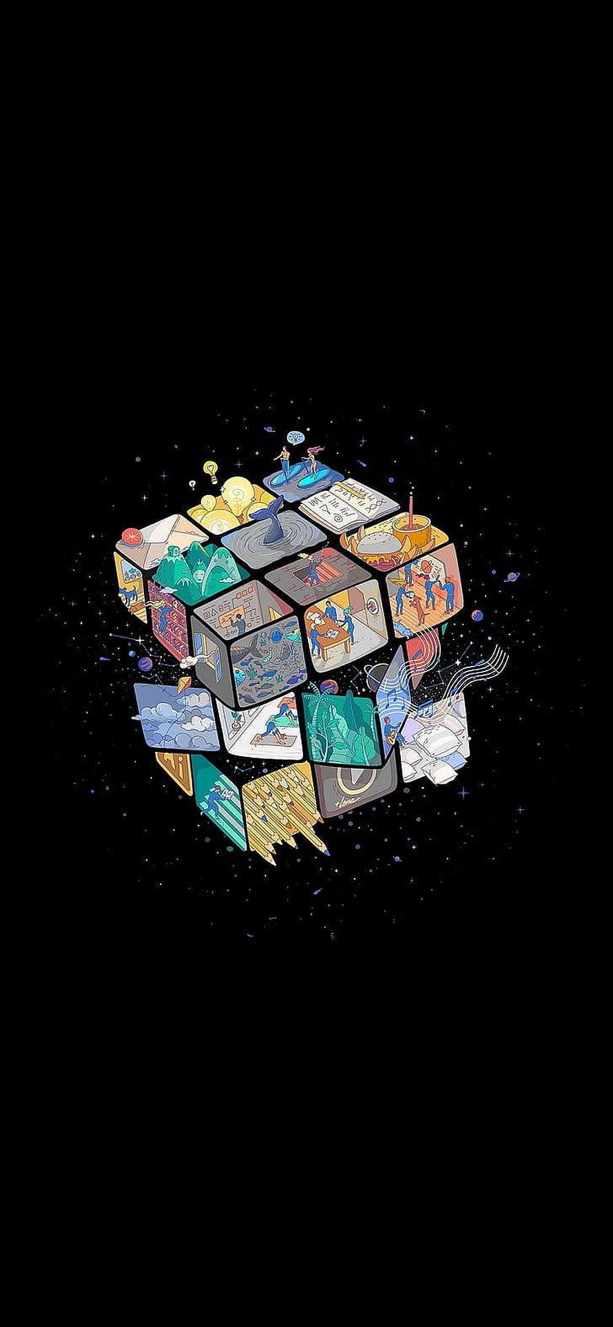 Creative Concept Cube Illustration With Diverse Scenes And Activities In Space HD phone wallpaper