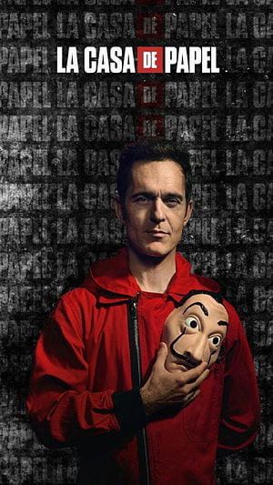 La Casa de Papel promotional poster featuring the Professor in a red jumpsuit holding a Dalí mask HD phone wallpaper