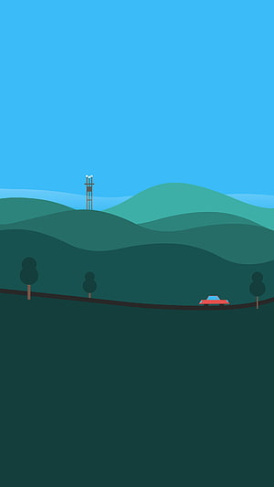 Minimalist Vector Illustration of a Red Car Driving on a Winding Road Through Green Hills HD phone wallpaper