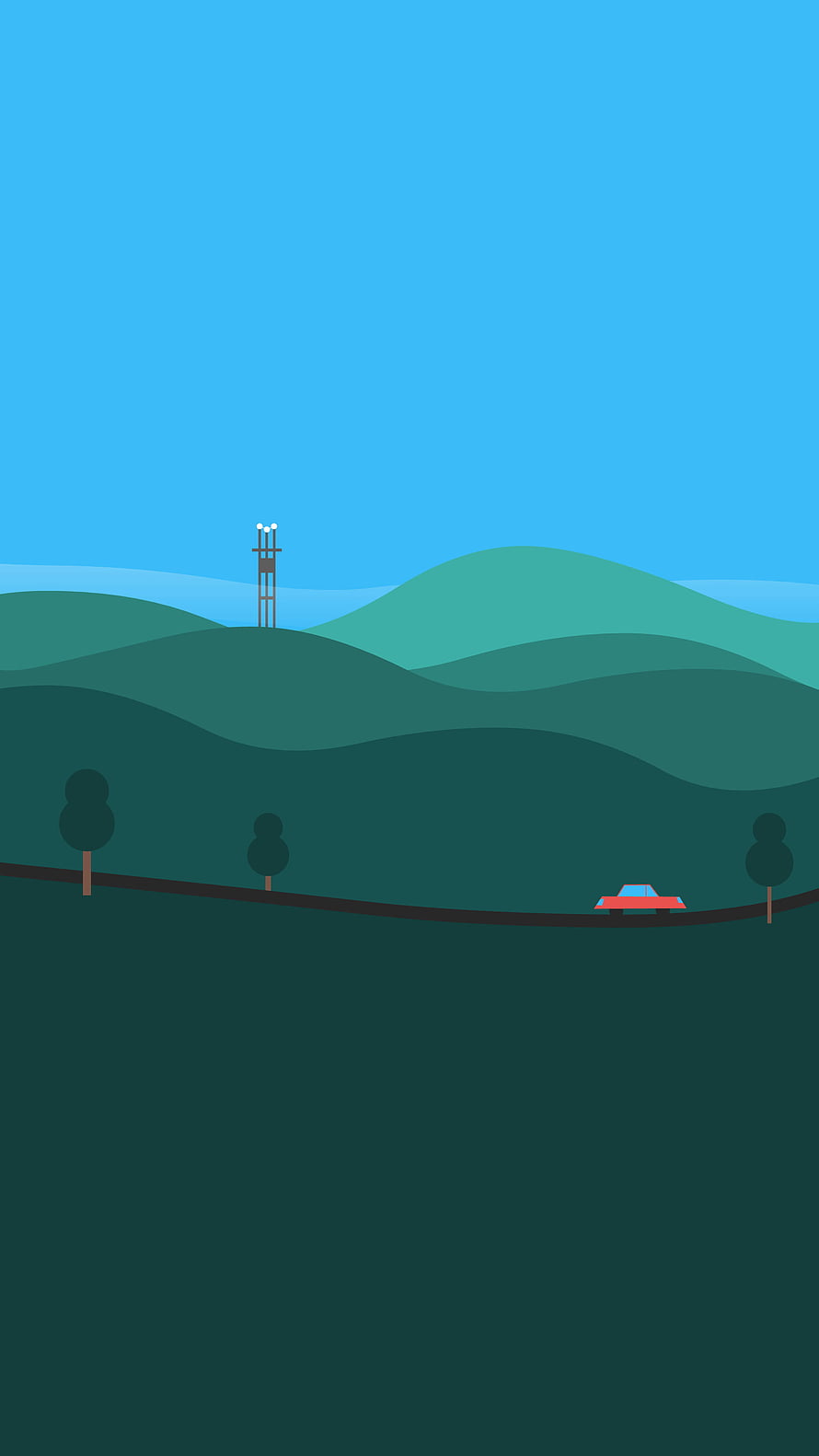 Minimalist Vector Illustration of a Red Car Driving on a Winding Road Through Green Hills HD phone wallpaper