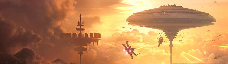 Star Wars Star Destroyer and X-Wing Space Battle Over Clouds at Sunset HD wallpaper