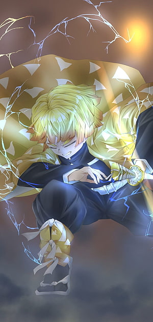 Zenitsu Agatsuma from Demon Slayer in Thunder Breathing Stance with Electric Aura HD phone wallpaper