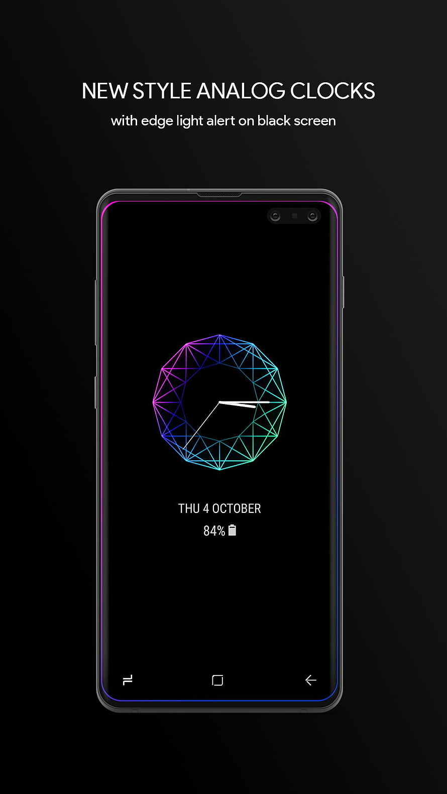 Geometric Analog Clock Widget With Neon Edge Light Alert On Black Screen HD phone wallpaper