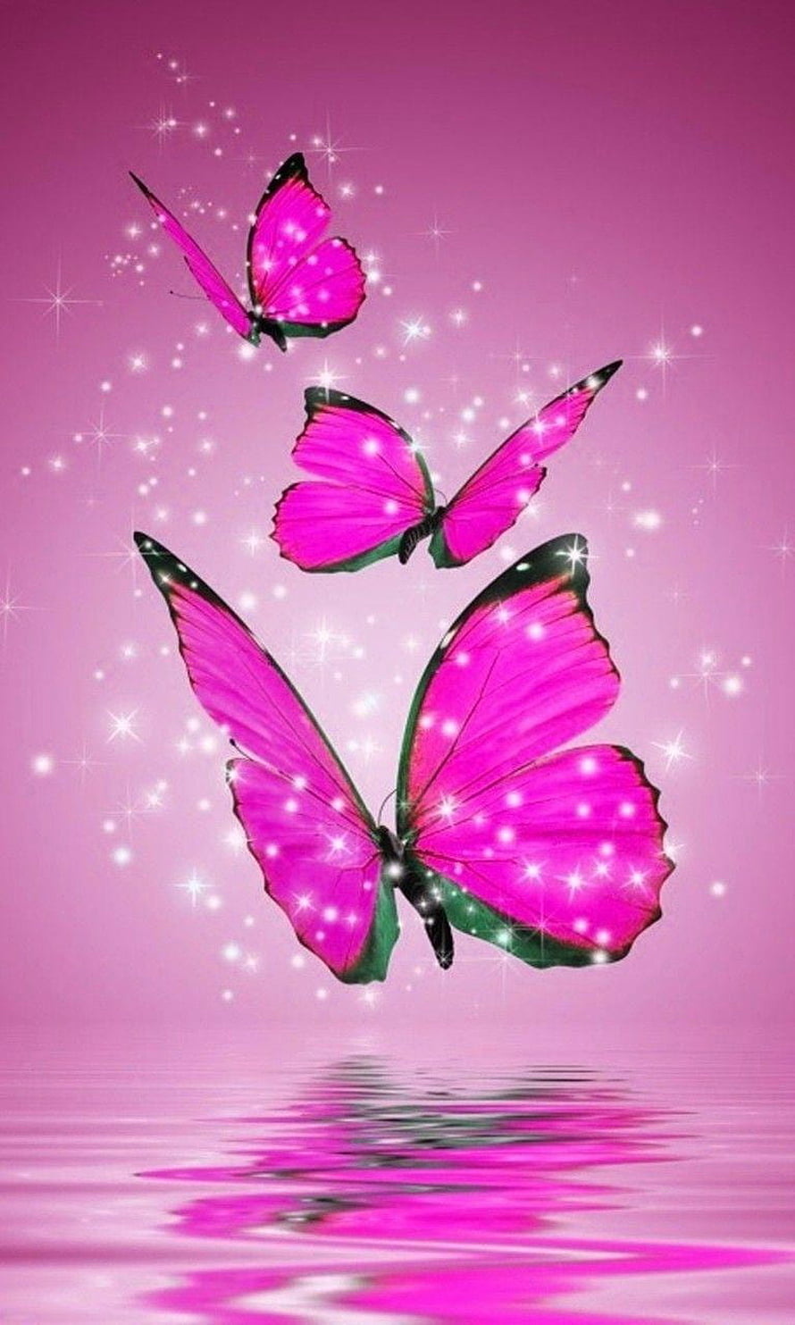 Three vibrant pink butterflies with sparkling wings flying over a calm pink water surface HD phone wallpaper