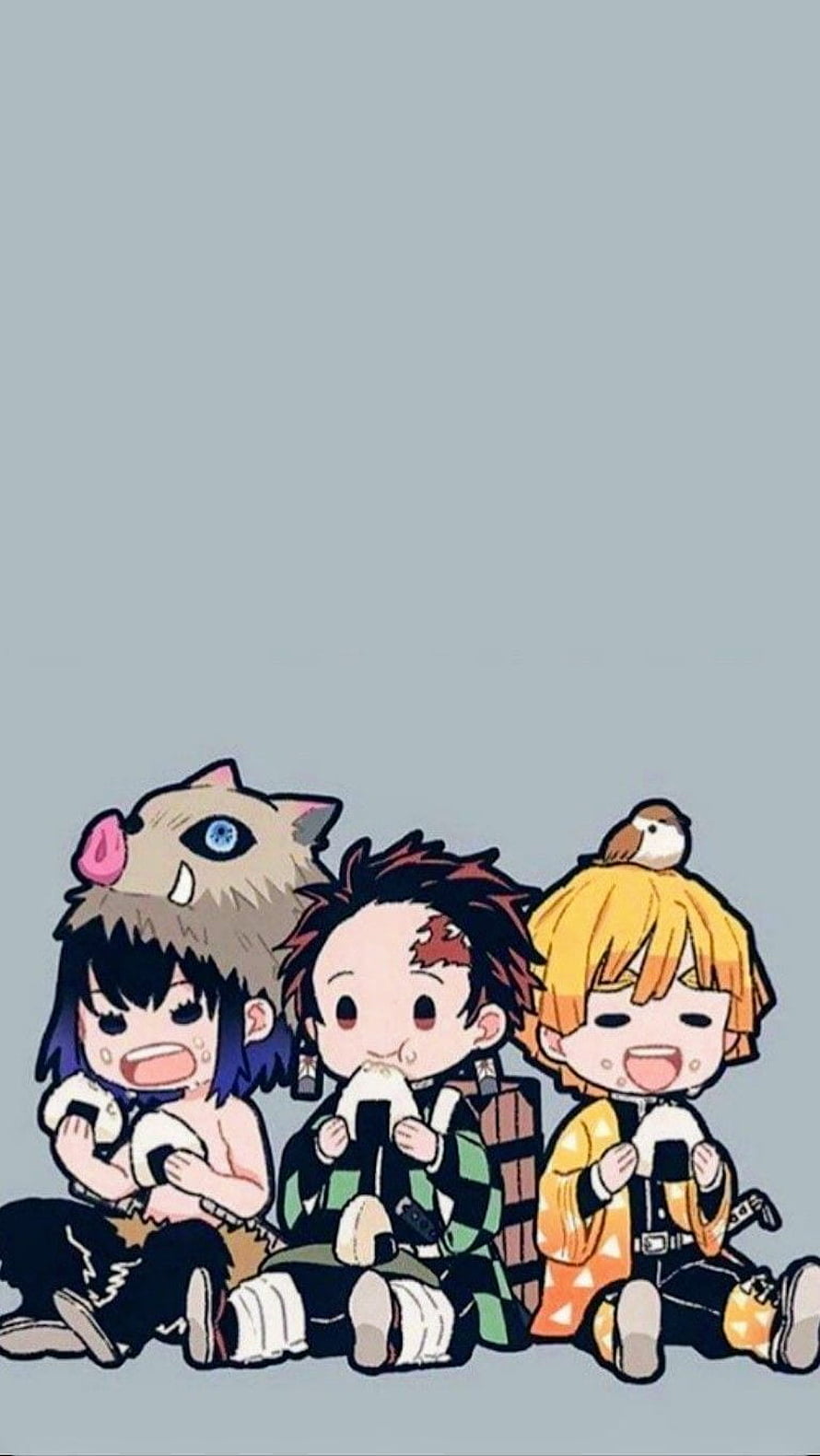 Demon Slayer Chibi Characters Inuzuka Tanjiro and Zenitsu Eating Onigiri HD phone wallpaper
