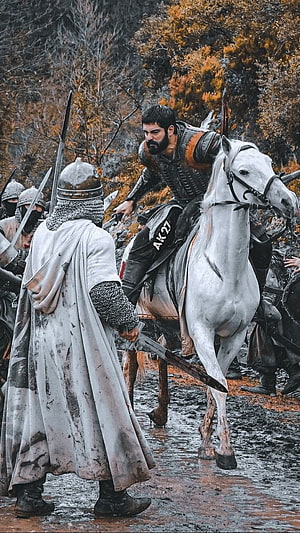 Kurulus Osman Medieval Knight on White Horse in Autumn Forest, 180 Kurulus Osman ideas HD phone wallpaper