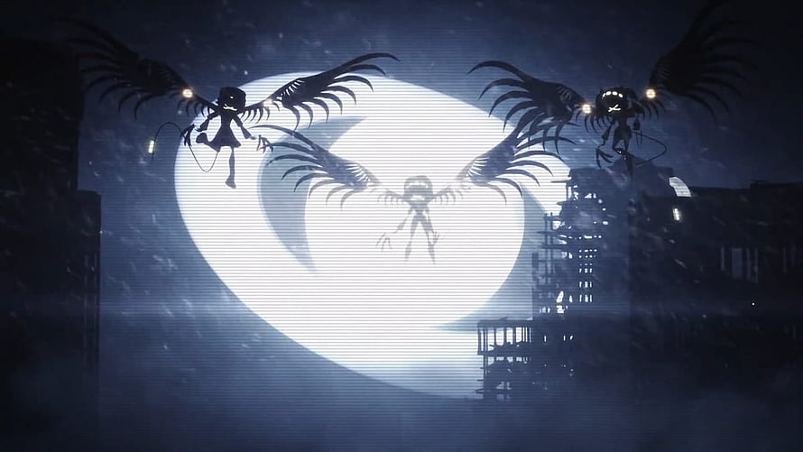 Silhouette of Winged Characters Flying Against a Giant Moon in a Dark Cityscape HD wallpaper