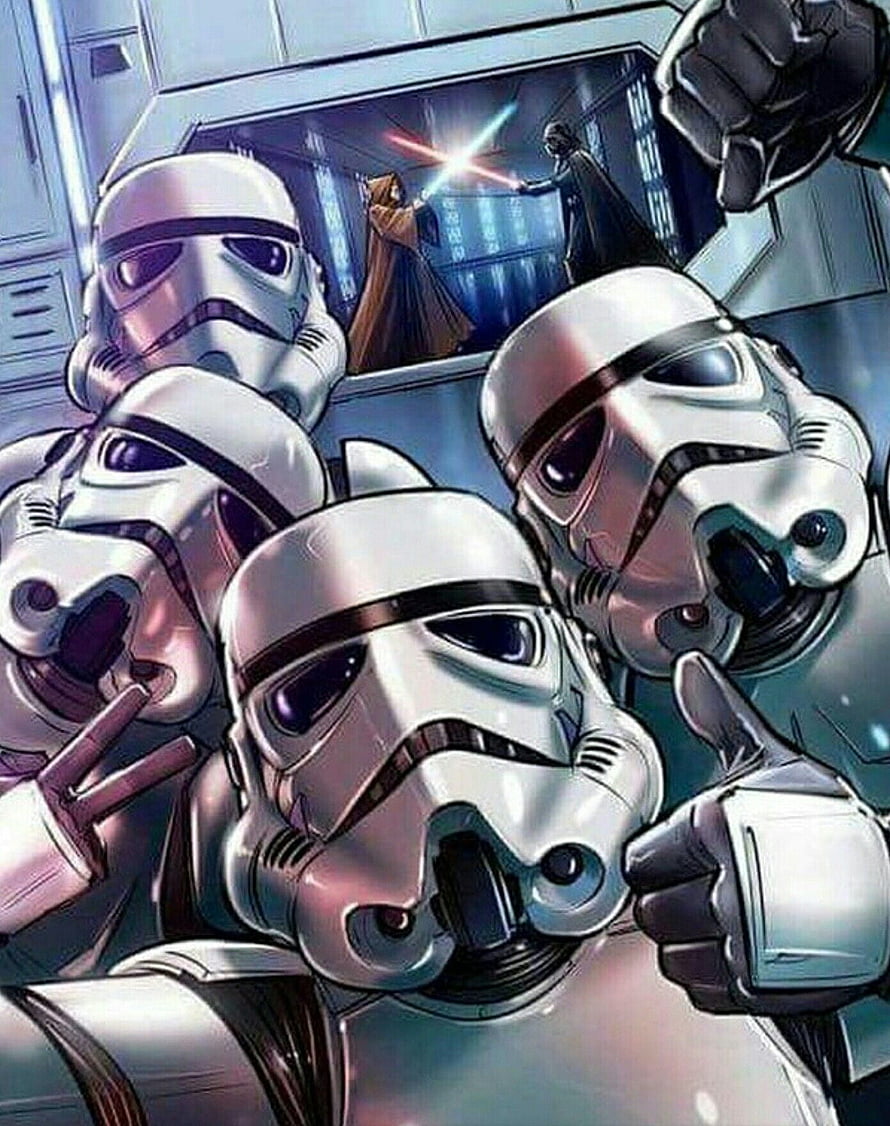 Star Wars Stormtroopers Comic Art with Lightsaber Duel in Background HD phone wallpaper