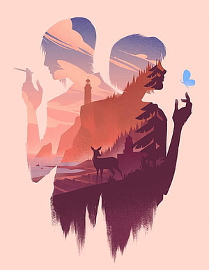 Double Exposure Artwork of Two Silhouettes with Lighthouse, Forest, Deer, and Butterfly HD phone wallpaper