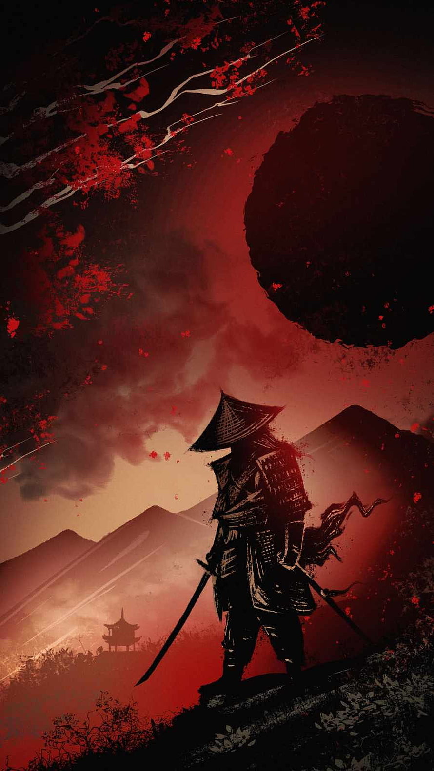 Silhouette of a Samurai Warrior with Katana Against a Red Moon and Mountains HD phone wallpaper