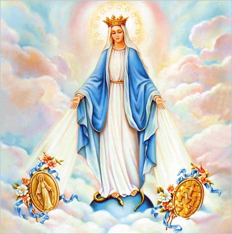Immaculate Conception of Mother Mary in Blue Mantle with Golden Medals and Clouds HD phone wallpaper