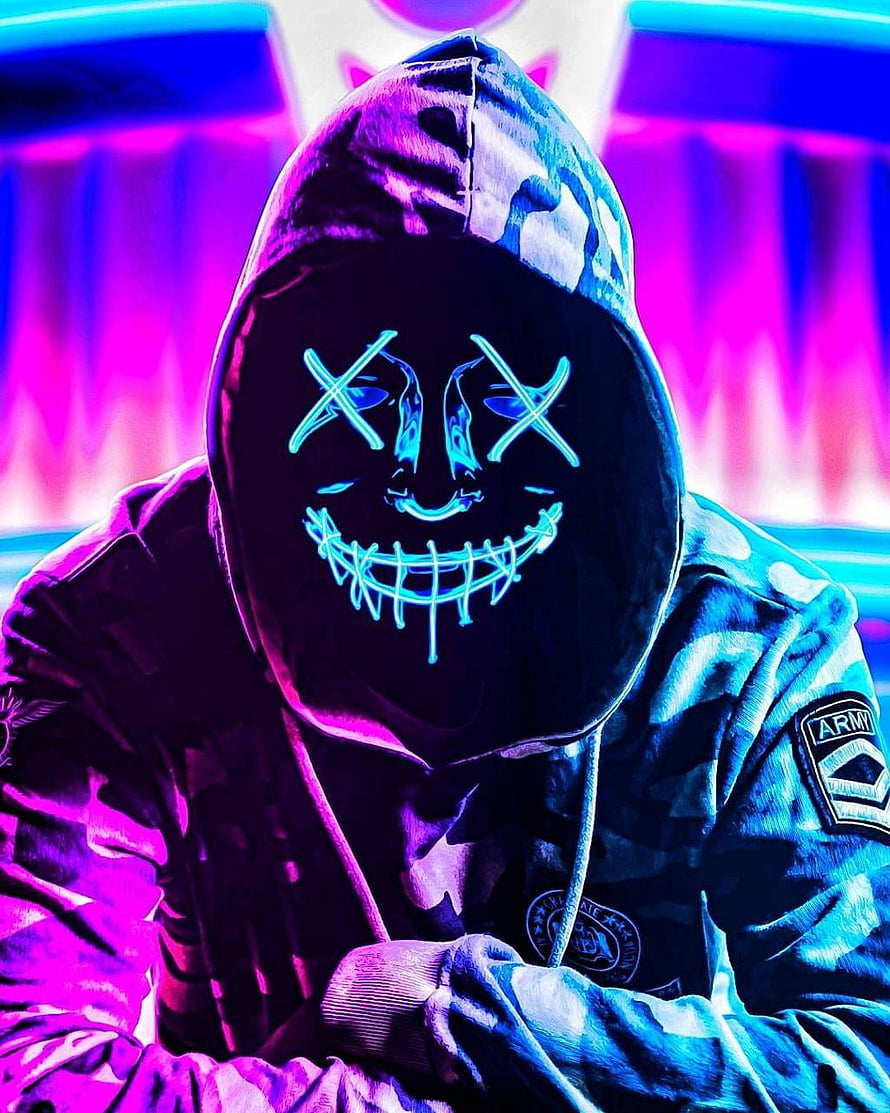 Glowing LED Mask with X Eyes and Stitched Smile in Camouflage Hoodie HD phone wallpaper