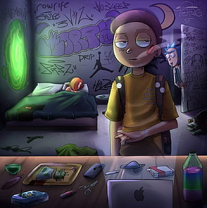 Rick and Morty bedroom scene with graffiti walls, sleeping character, and cluttered desk HD phone wallpaper