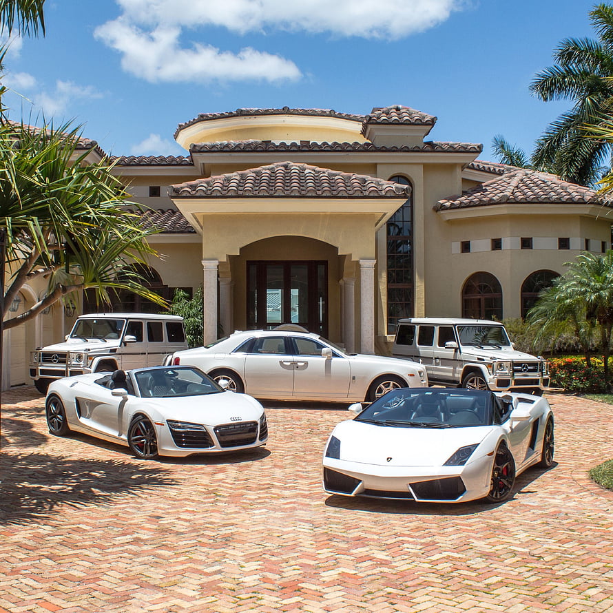 Luxury White Supercar Collection Parked in Front of Mediterranean Villa HD phone wallpaper