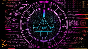 Bill Cipher from Gravity Falls in a neon cyberpunk chalkboard illustration HD wallpaper