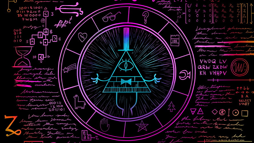 Bill Cipher from Gravity Falls in a neon cyberpunk chalkboard illustration HD wallpaper