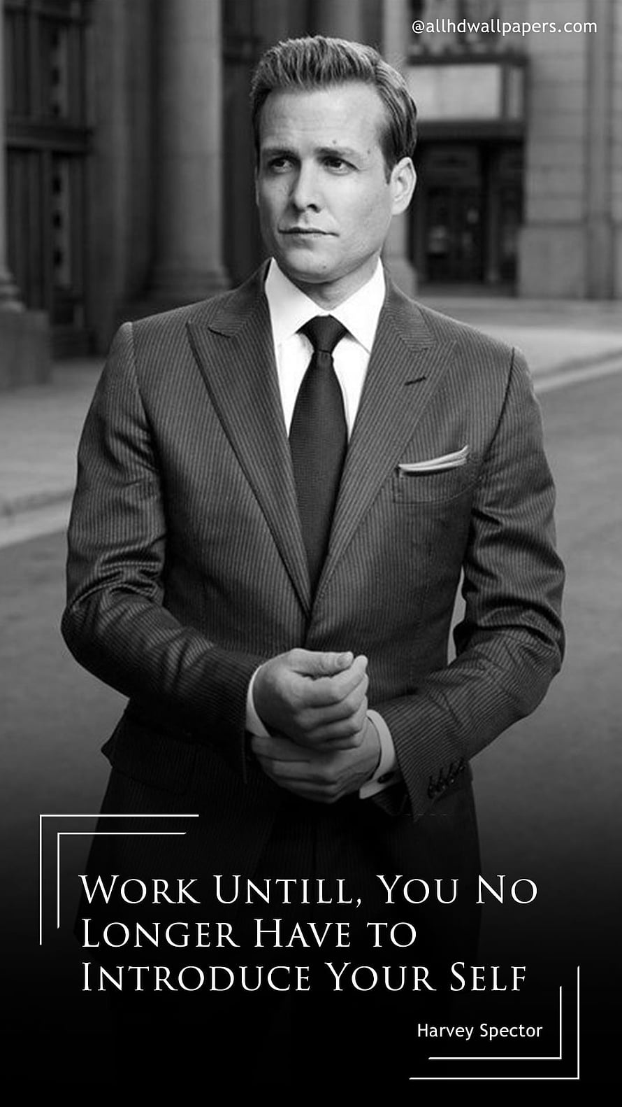 Harvey Specter in a Pinstripe Suit Standing on a City Street in Black and White HD phone wallpaper