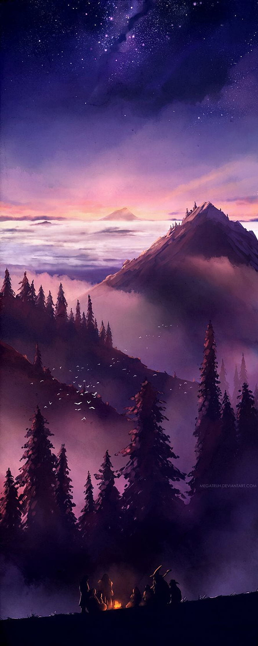Silmarillion Fantasy Landscape with Campfire Silhouettes and Starry Night Sky HD phone wallpaper
