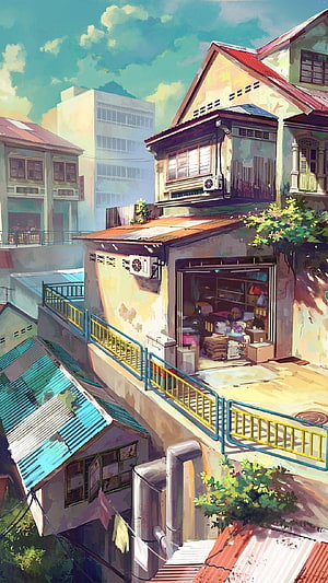 Sunlit Southeast Asian Alleyway With Shophouses And Corrugated Roofs HD phone wallpaper