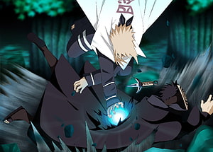 Naruto Shippuden Minato Namikaze and Obito Uchiha Battle Scene in Dark Forest HD wallpaper