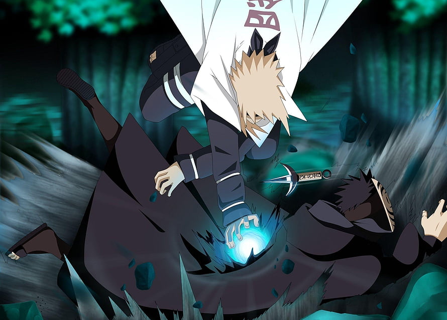 Naruto Shippuden Minato Namikaze and Obito Uchiha Battle Scene in Dark Forest HD wallpaper