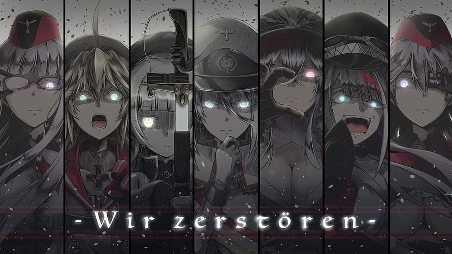 Azur Lane Anime Character Lineup in Military Uniforms with Glowing Eyes HD wallpaper