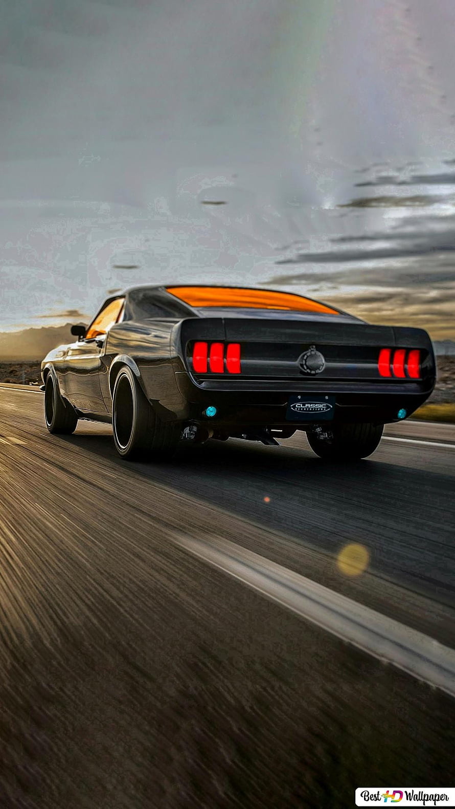 Black Ford Mustang Mach 1 Driving on Highway at Sunset HD phone wallpaper