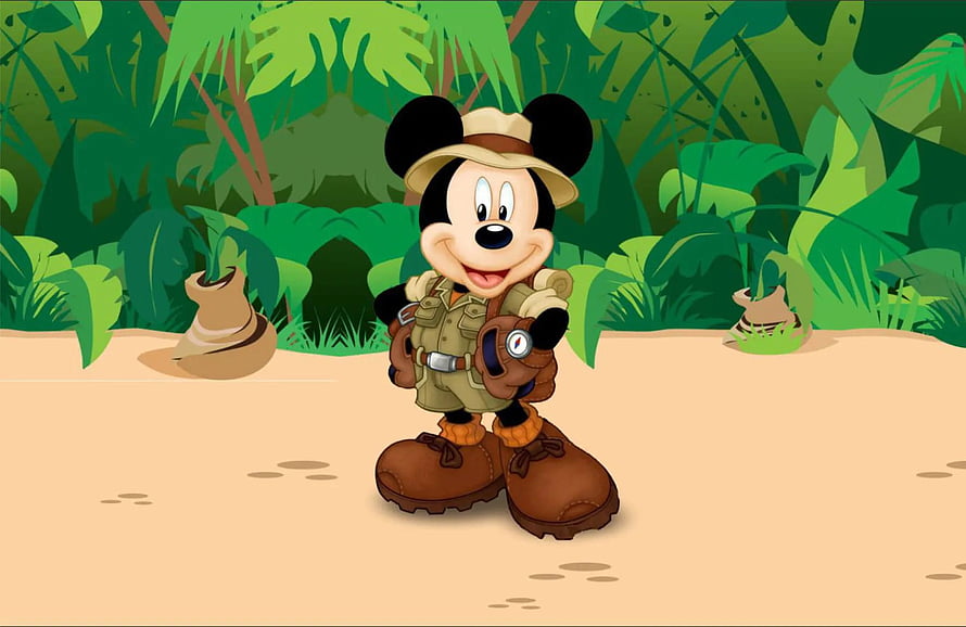 Mickey Mouse in Safari Explorer Outfit Standing in Lush Jungle HD wallpaper