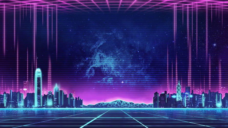 Neon Synthwave Cityscape with Retro Grid and Starry Night Sky HD wallpaper