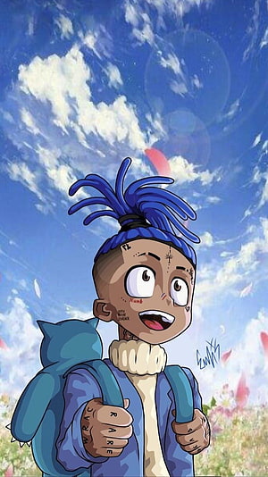 XXXTentacion Anime Style Portrait with Blue Dreads and Cat Backpack HD phone wallpaper