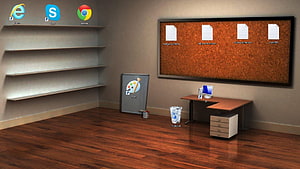 3D Virtual Office Desktop with Corkboard, Shelves, and Computer Icons HD wallpaper