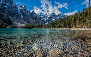 Turquoise Mountain Lake with Clear Rocky Shore and Pine Forest HD wallpaper