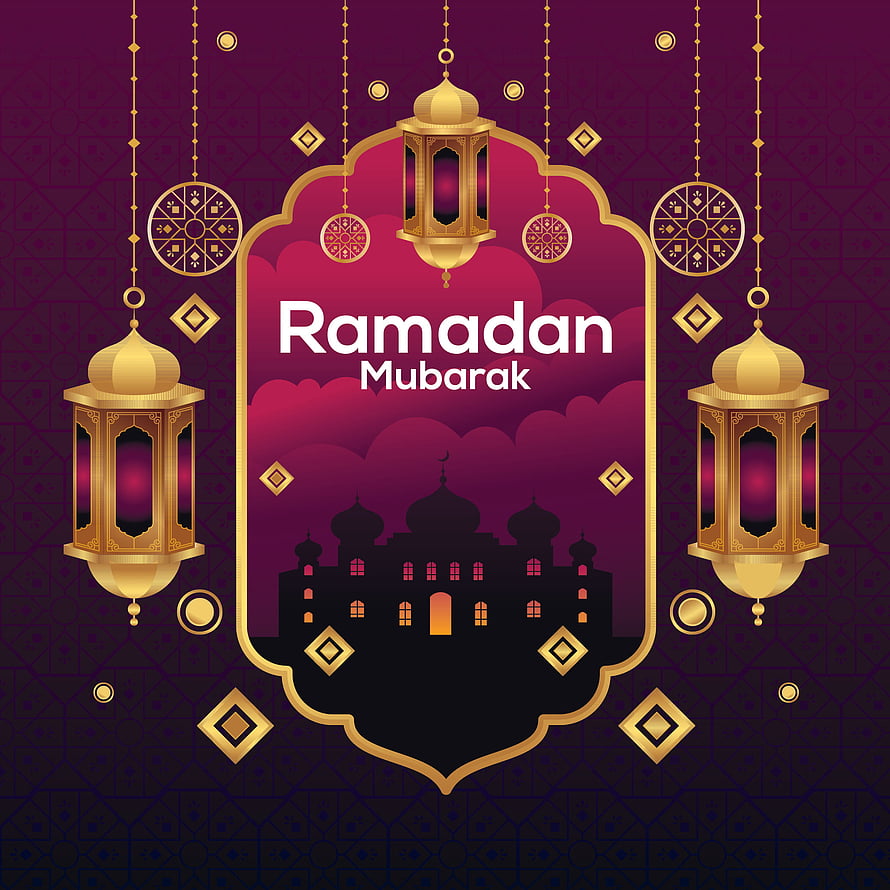 Ramadan Mubarak Greeting Card with Golden Lanterns and Mosque Silhouette HD phone wallpaper