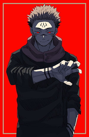 Anime Character Portrait With Blue Skin And Red Eyes On Red Background HD phone wallpaper