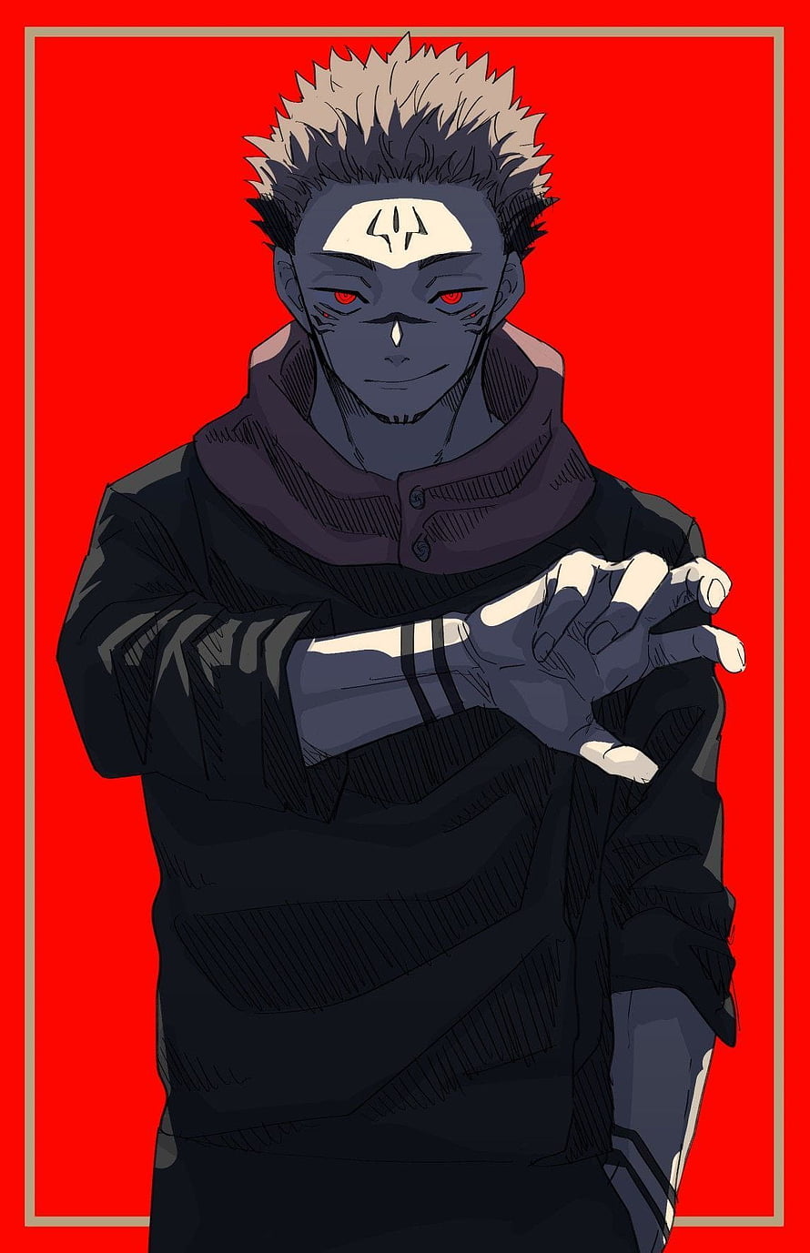 Anime Character Portrait With Blue Skin And Red Eyes On Red Background HD phone wallpaper