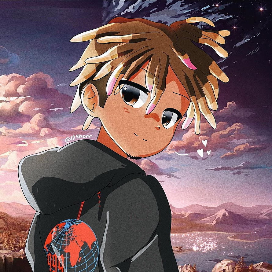 Juice WRLD Anime Style Portrait with Dreadlocks and Hoodie Against Sunset Sky HD phone wallpaper