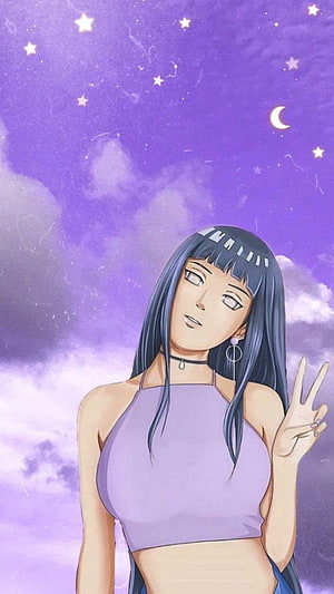 Hinata Hyuga Anime Character Under Starry Purple Night Sky HD phone wallpaper