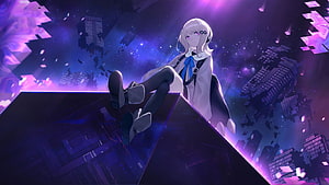 Forever 7th Capital Anime Girl Sitting on Floating Platform in Cosmic Cityscape HD wallpaper