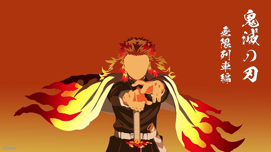 Rengoku Kyojuro from Demon Slayer Mugen Train Arc in Fiery Flame Pose HD wallpaper