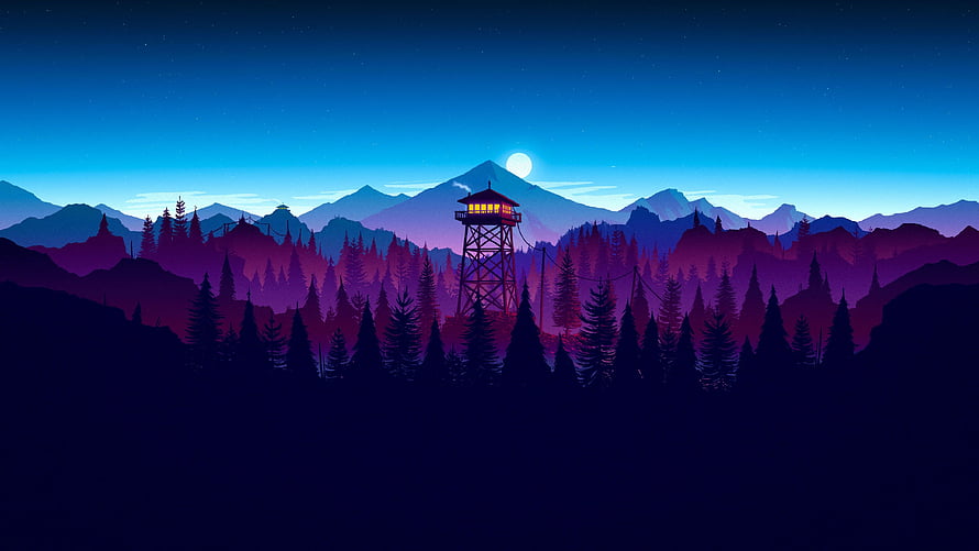 Nighttime Mountain Landscape With Glowing Fire Lookout Tower And Pine Forest HD wallpaper