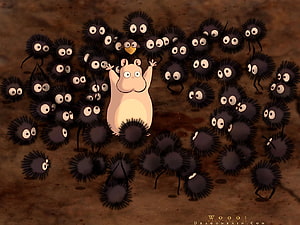 Soot Sprites Surrounding a Moomin Character in Spirited Away Style HD wallpaper