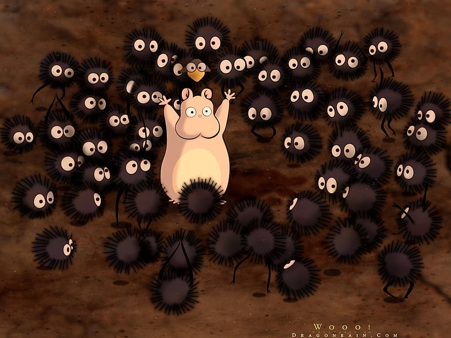 Soot Sprites Surrounding a Moomin Character in Spirited Away Style HD wallpaper